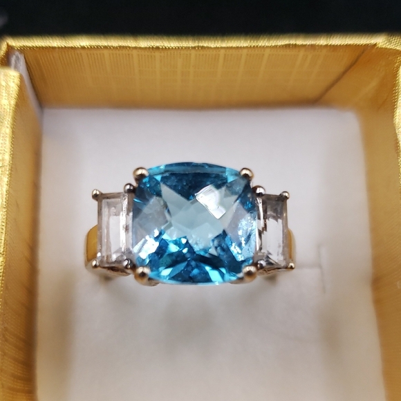 Jewelry - 10K Cushion Cut Blue Topaz with Aquamarine Baguettes Ring
